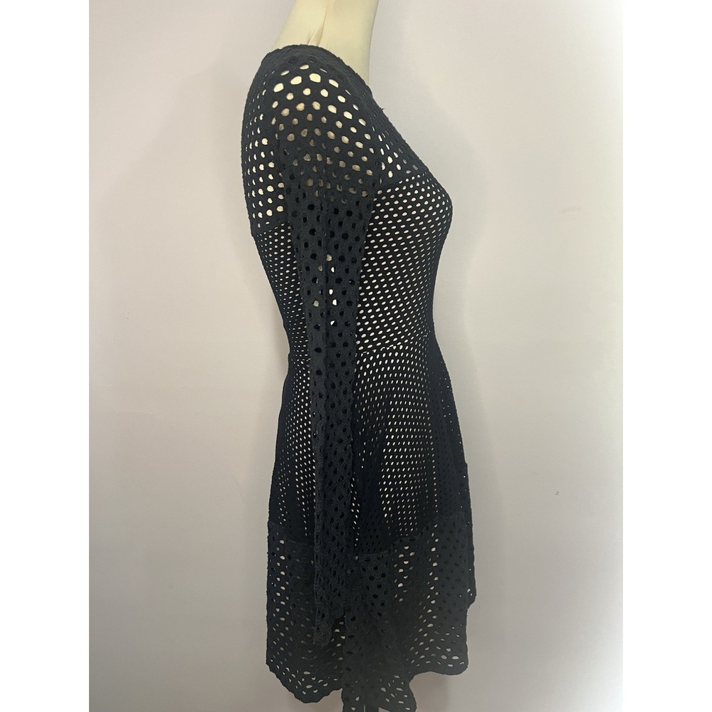 BCBG MAXAZRIA Black Mesh Eyelet Long Sleeve Fit Flare Dress XS Gothic Cocktail - Picture 7 of 14